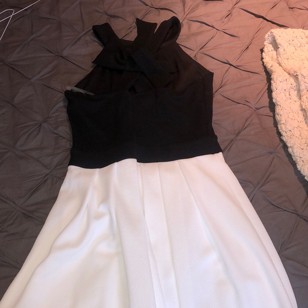 Black and white fit flare halter dress